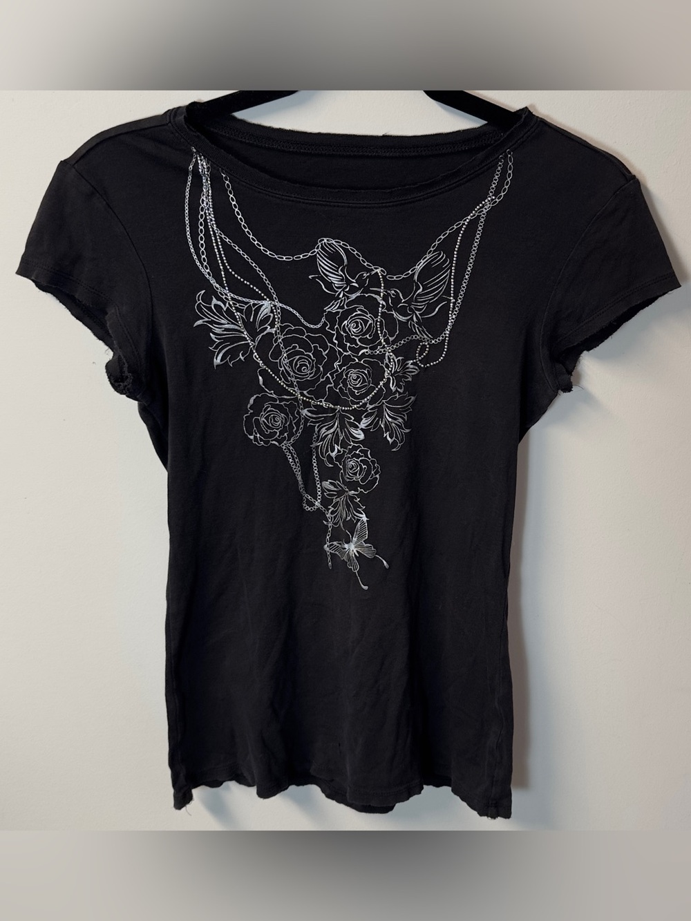 Y2K CALVIN KLEIN women's black faded metallic alt graphic print tee, S.